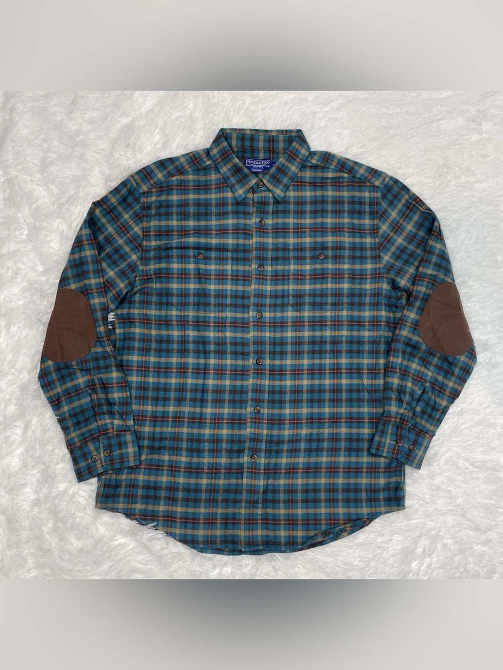 Pendleton Men’s Size L Large Plaid Button Up Shirt Elbow Patches Western Blue